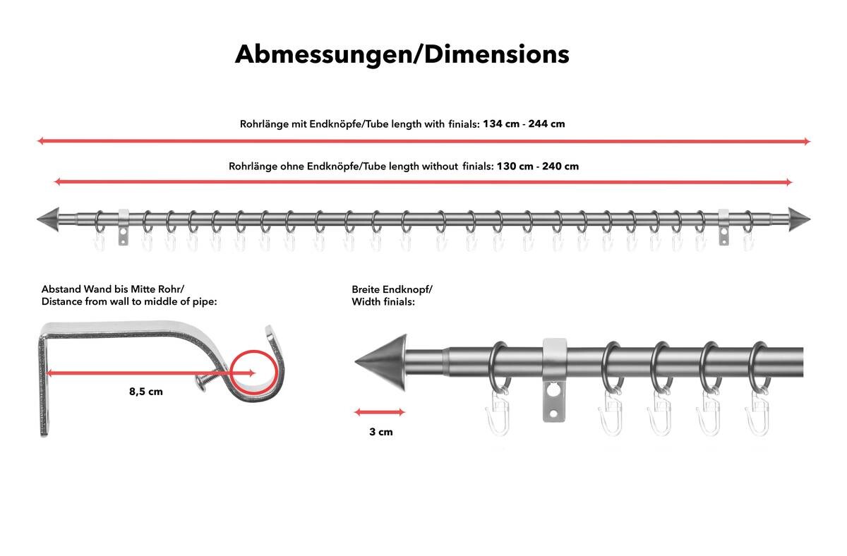LICHTBLICK Gardinenstange Kegel Chrom Metall D: ca. 2 cm ausziehbar von ca. 130 bis 240 cm 1.0 Läufe