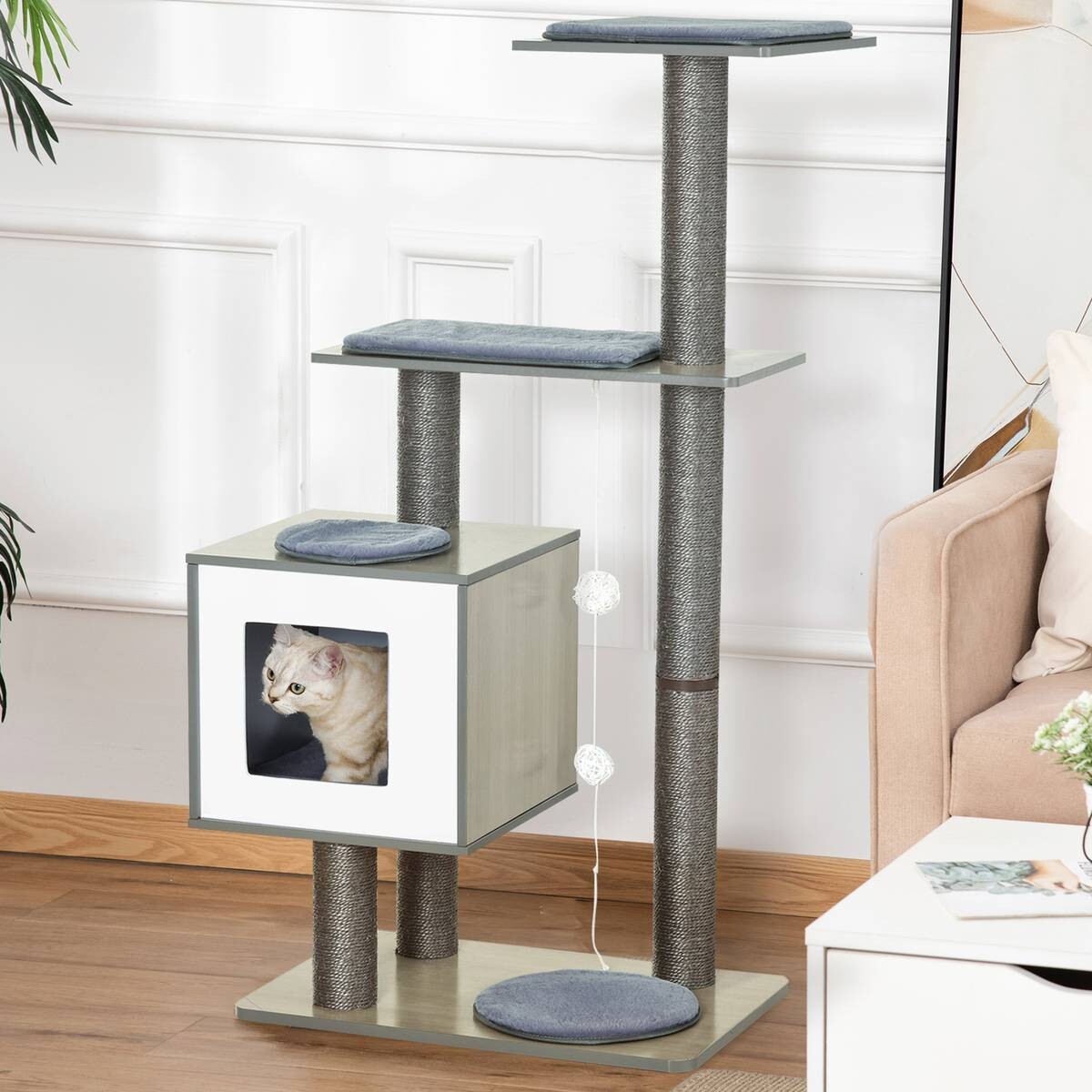 PawHut Katzenkratzbaum grau Holz B/H/L: ca. 40x120x60 cm