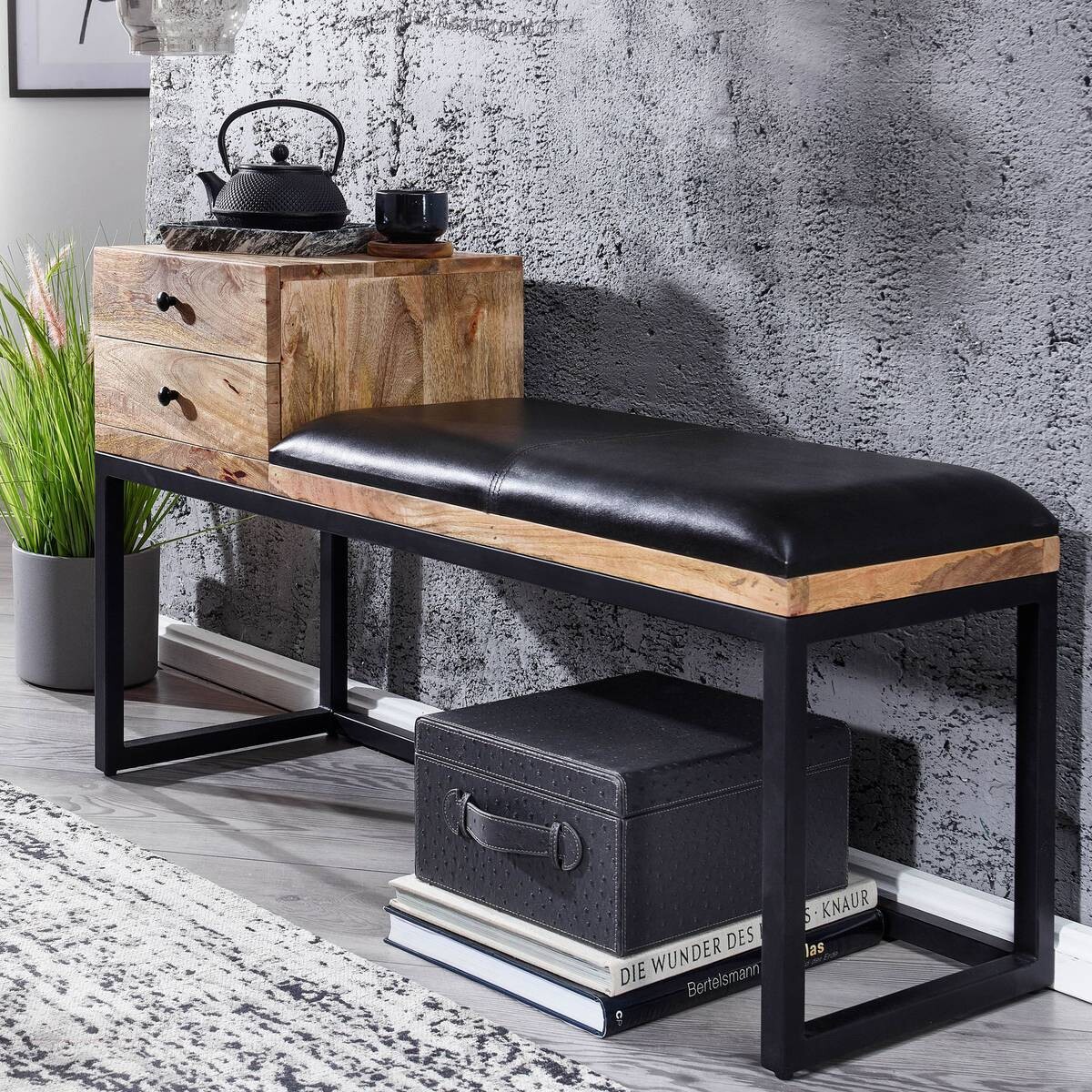 Wohnling Sitzbank natur schwarz schwarz Echtholz Leder Eisen B/H/T: ca. 100x60x35 cm