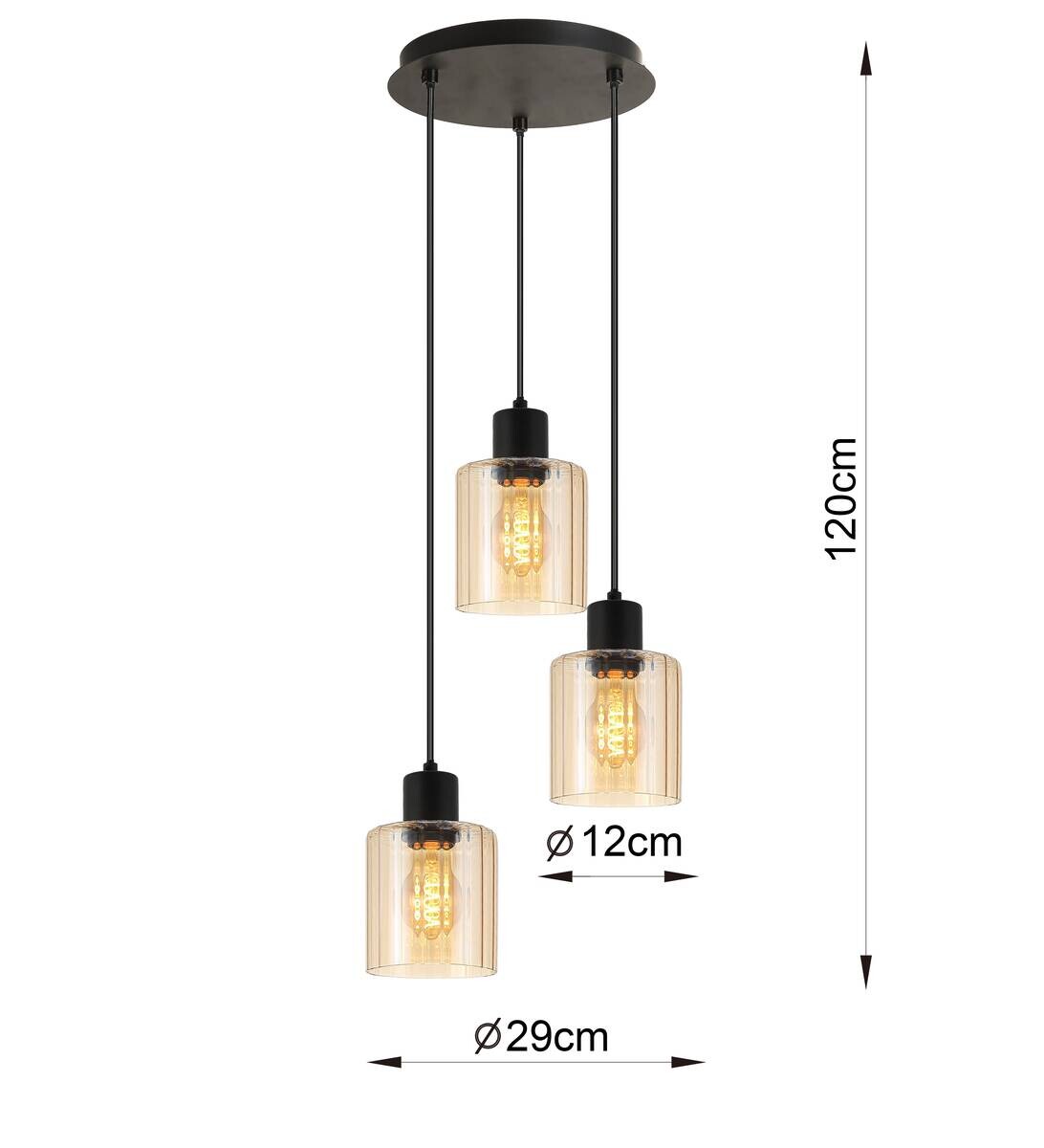 POCOline Pendelleuchte Pim schwarz amber Glas Metall H/D: ca. 120x29 cm E27 3 Brennstellen