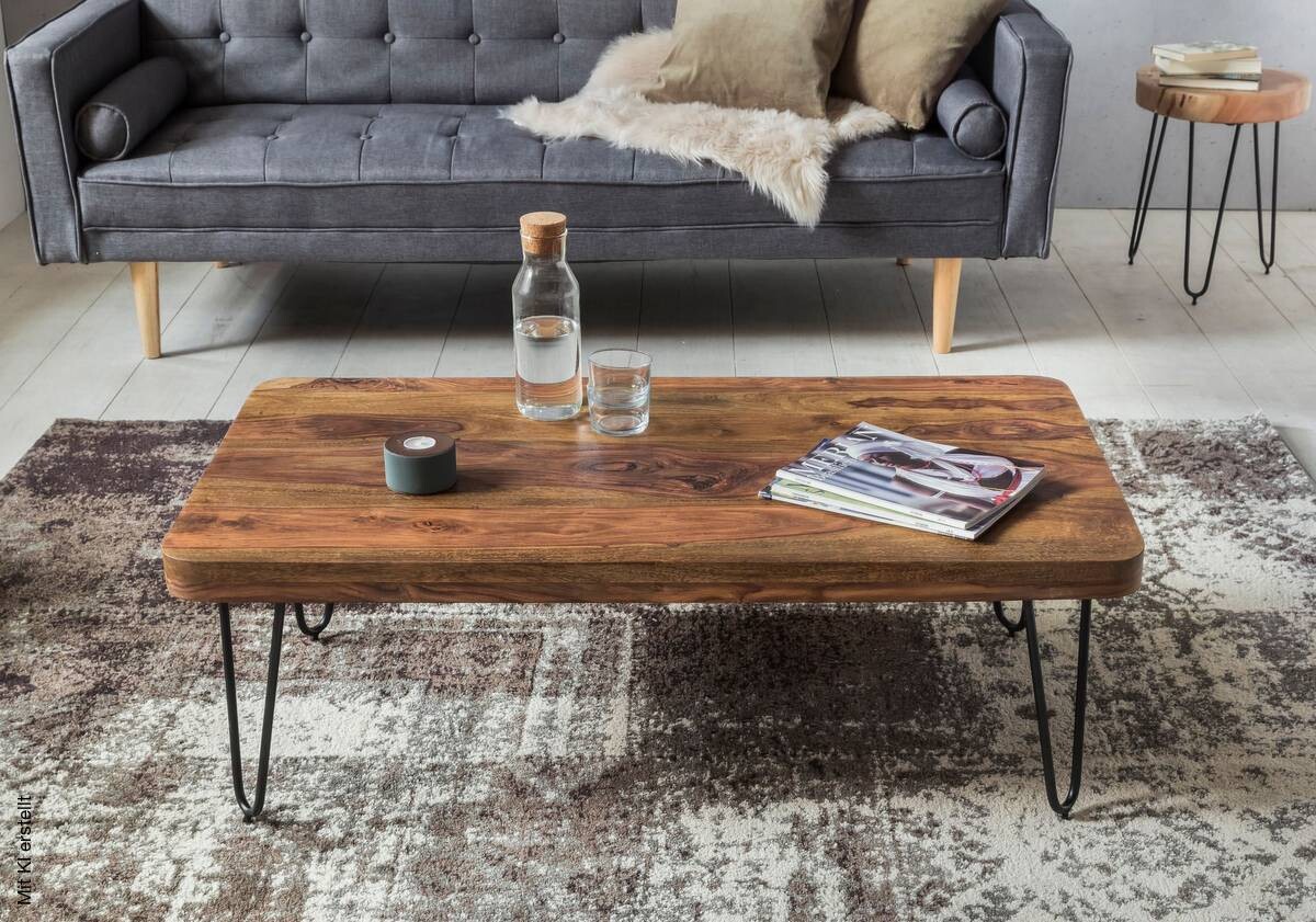 Wohnling Couchtisch natur schwarz Echtholz Metall B/H/T: ca. 115x40x60 cm