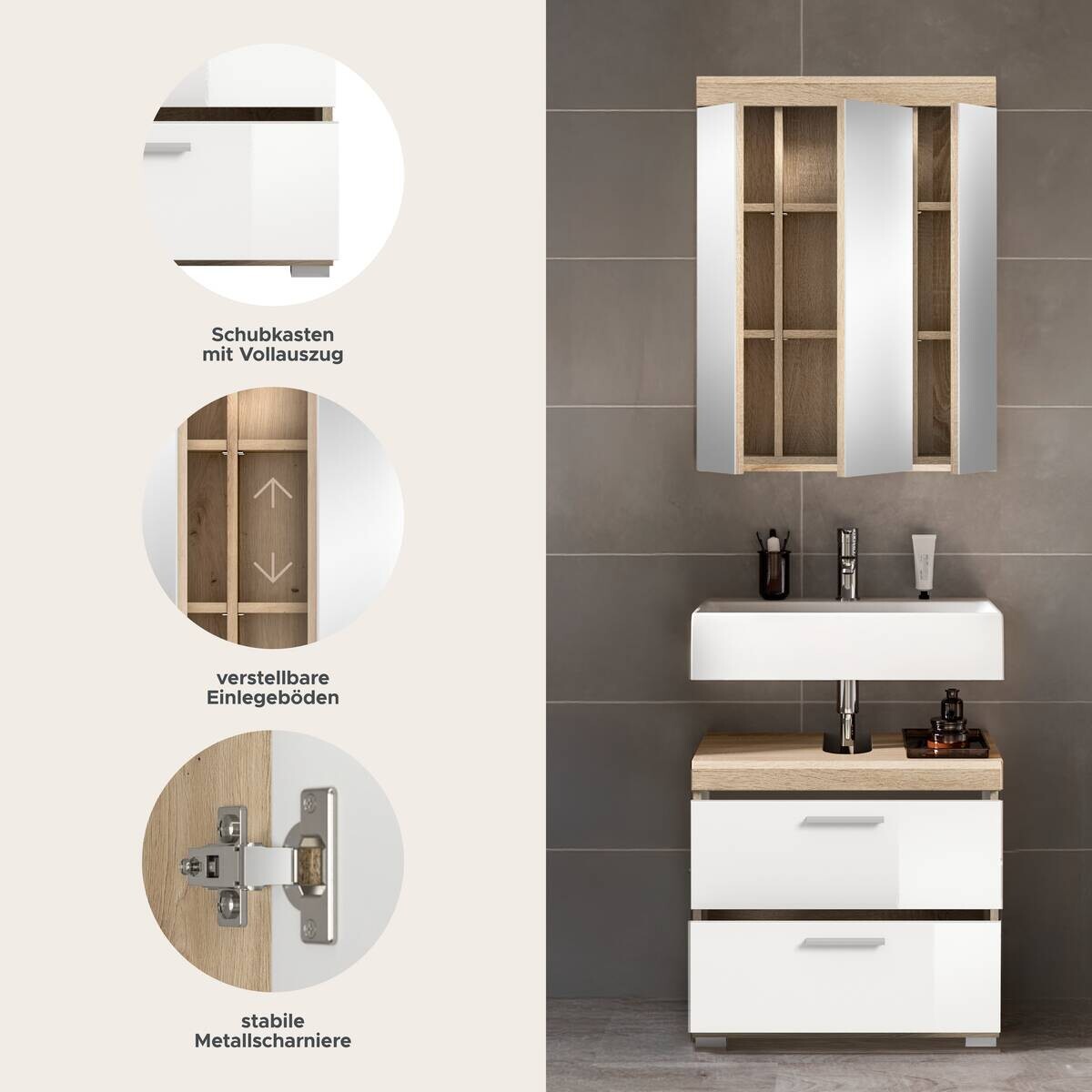 Badezimmer-Set Lambada Eiche Sonoma Nachbildung weiß Hochglanz B/H/T: ca. 60x191x37 cm