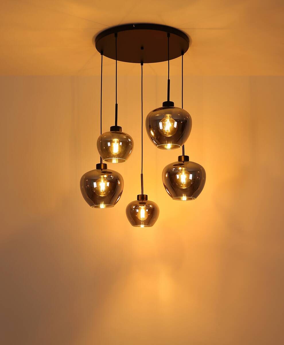 GLOBO Pendelleuchte Matt schwarz Metall Glas H/D: ca. 120x70 cm E27 5 Brennstellen