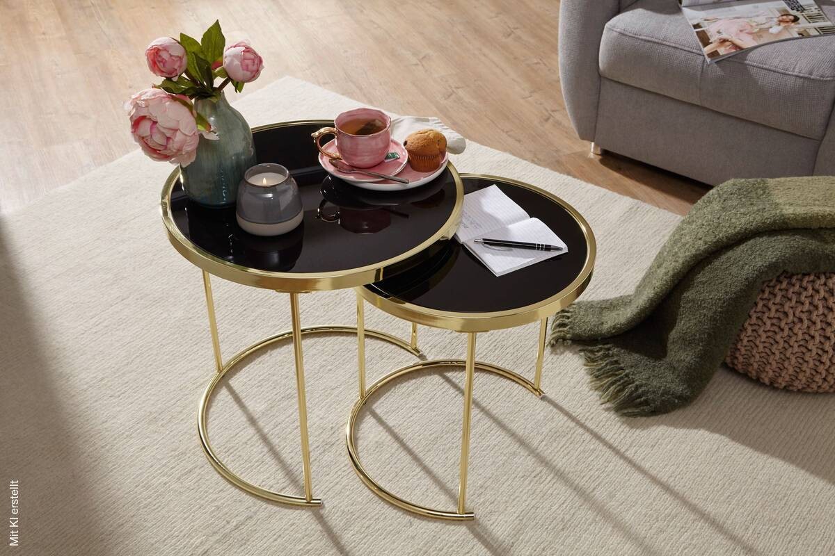 Beistelltisch 2er-Set schwarz gold lackiert Glas Metall