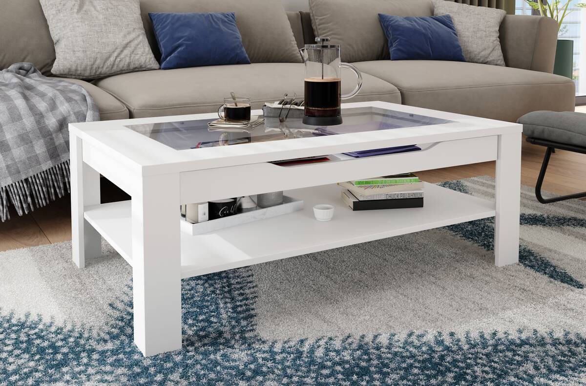 byLIVING Couchtisch RALPH weiß Holzwerkstoff Klarglas B/H/T: ca. 110x43x67 cm