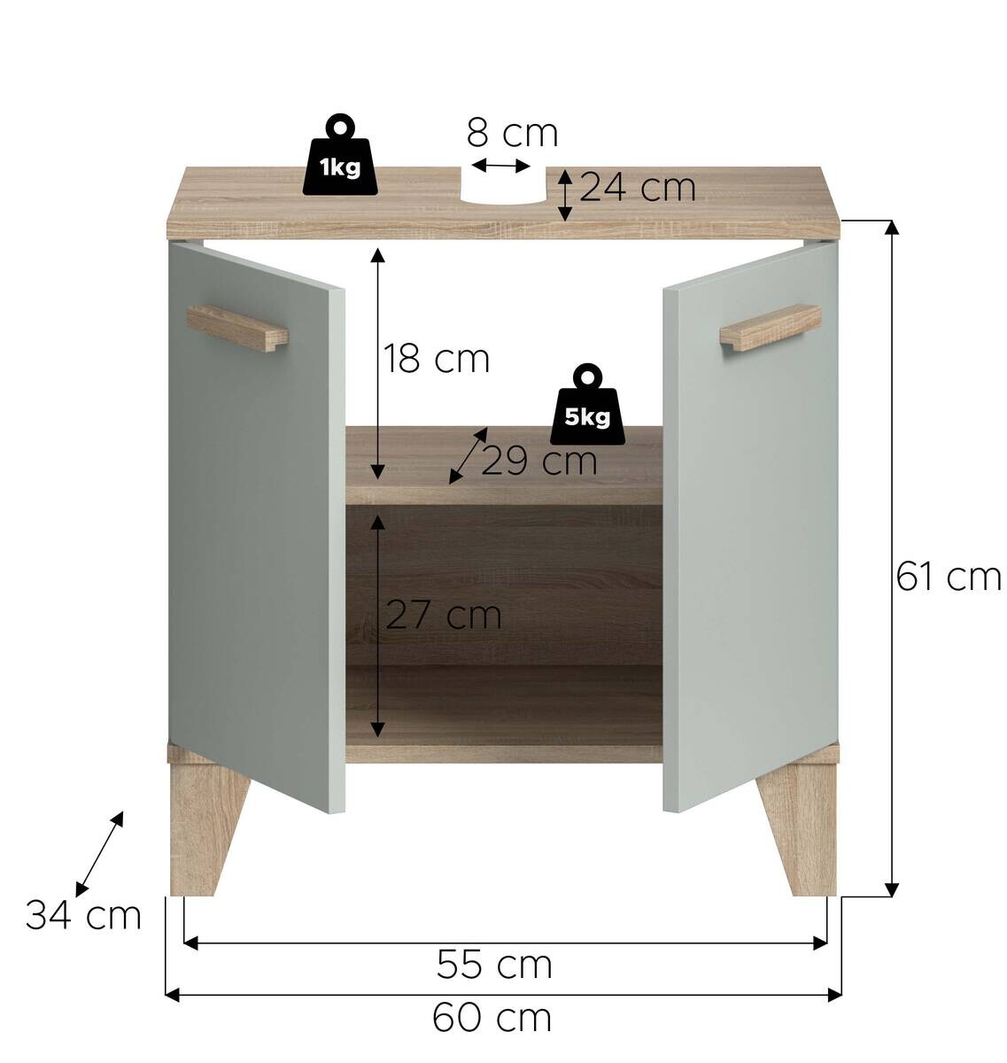 Waschbeckenunterschrank STAR hellgrün Eiche hell Nachbildung B/H/T: ca. 60x61x34 cm