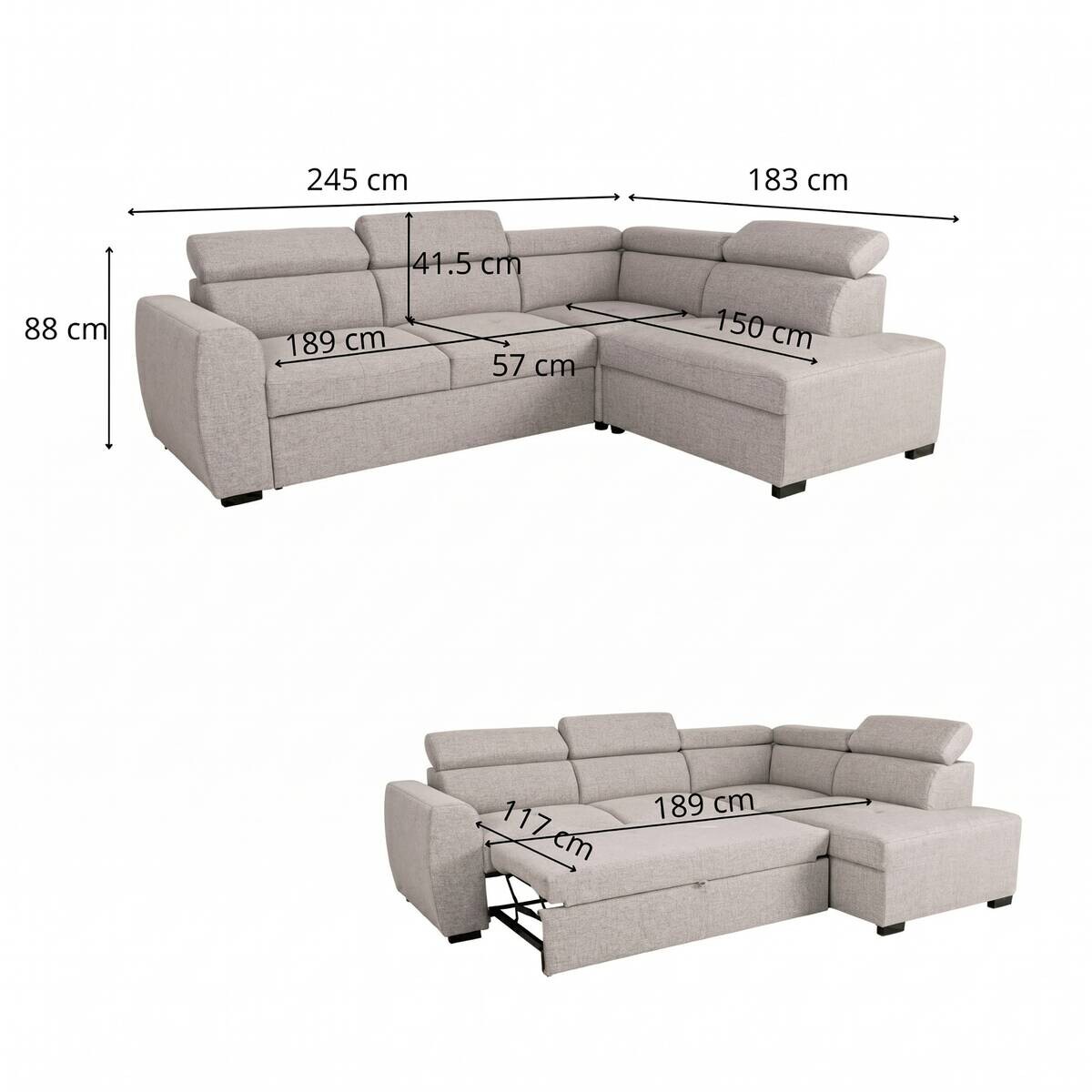 Ecksofa mit Bettfunktion und Bettkasten beige Webstoff B/H/T: ca. 245x184x87 cm
