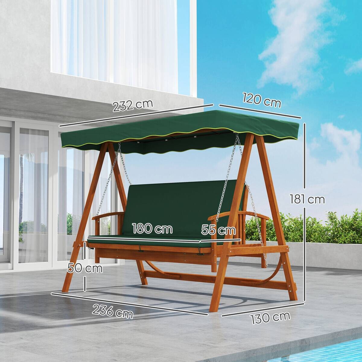 Outsunny Hollywoodschaukel dunkelgrün Polyester B/H/L: ca. 130x181x236 cm