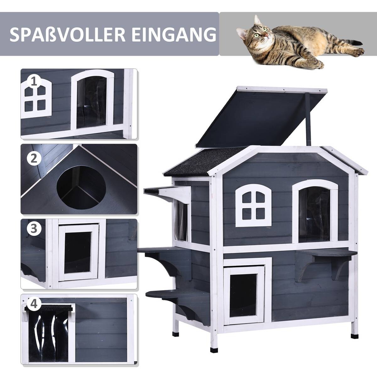 PawHut Katzenhaus grau Holz B/H/L: ca. 56x91x78 cm