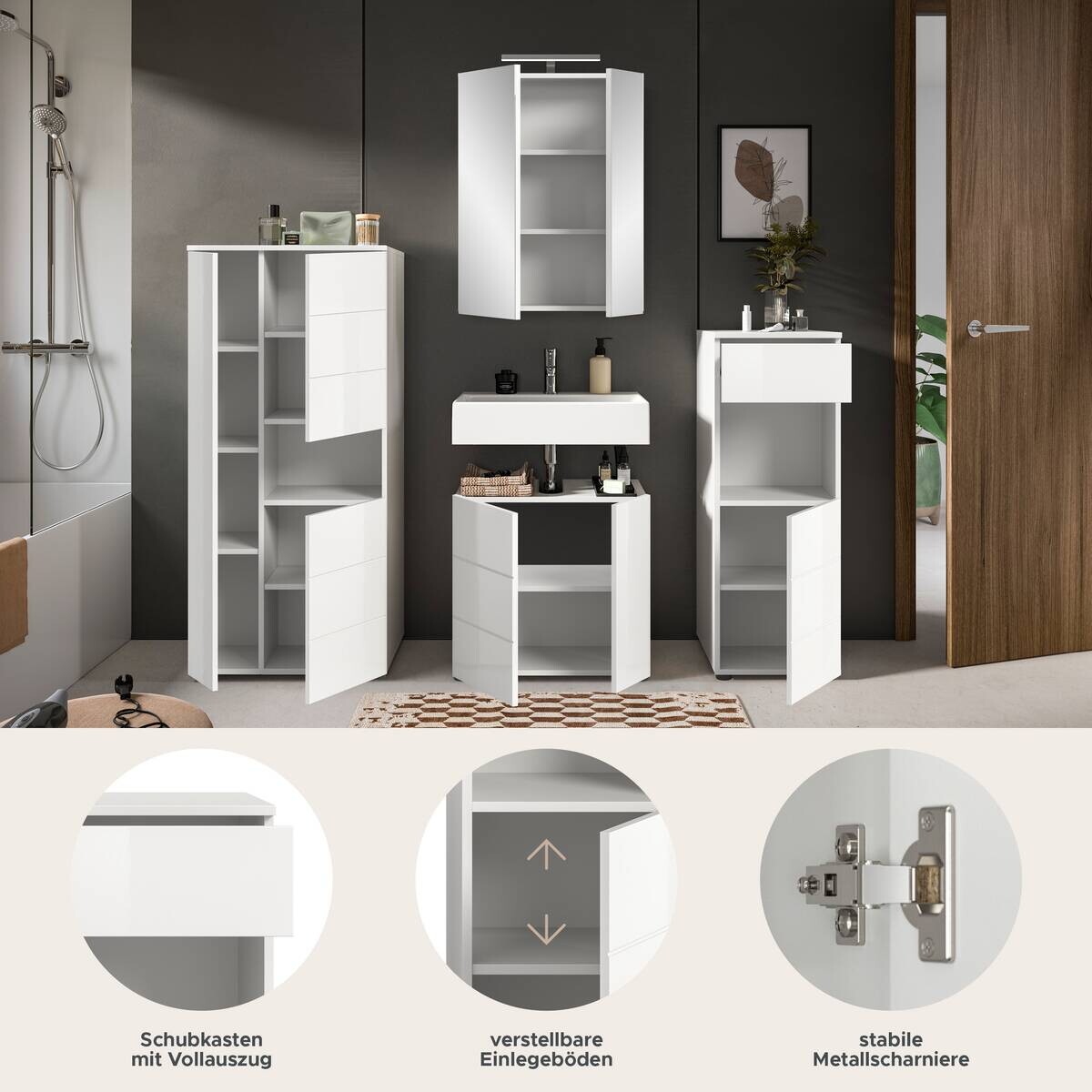 Badezimmer-Set VIRA weiß weiß Hochglanz B/H/T: ca. 188x190x34 cm