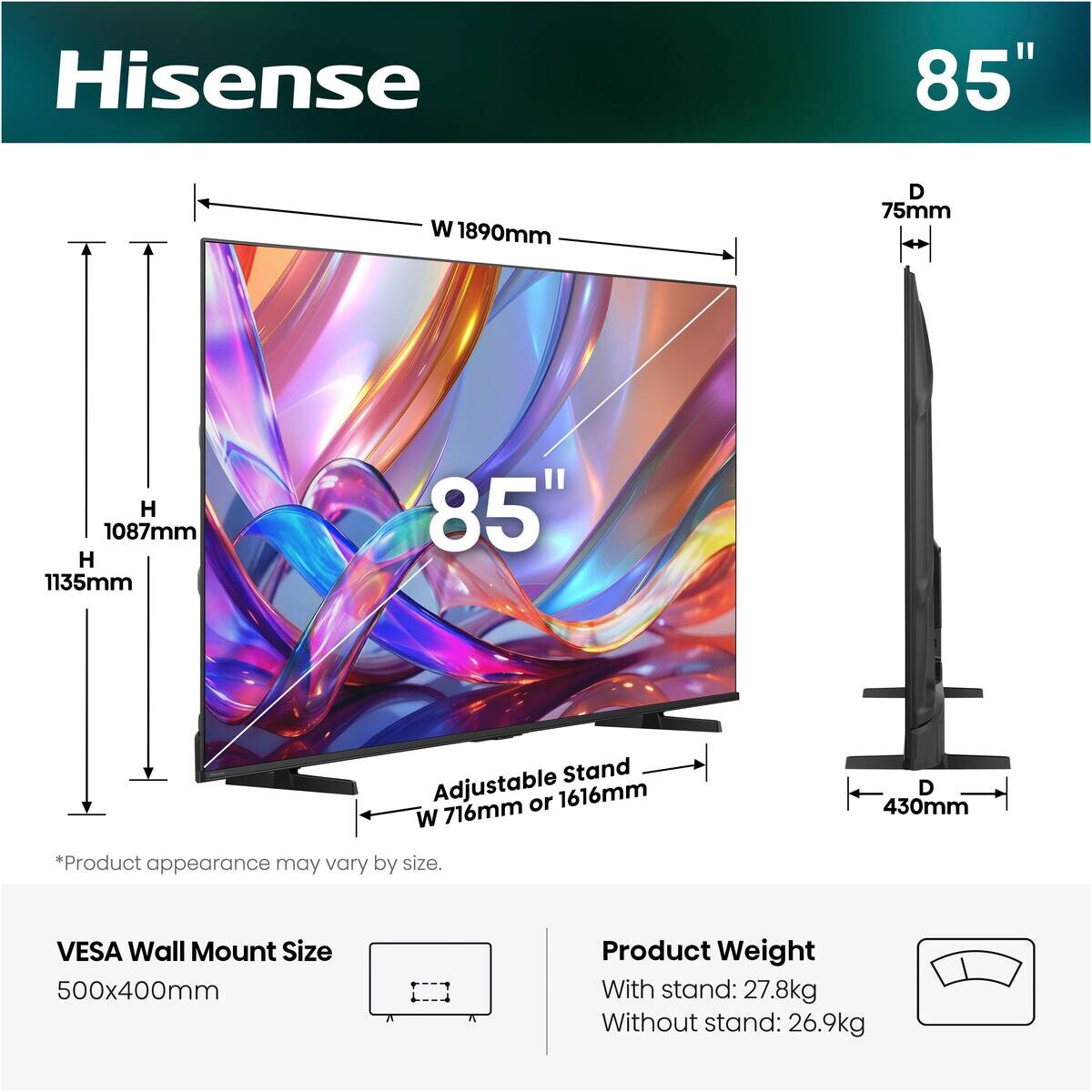 Hisense QLED-Fernseher 85E7S B/H: ca. 189x115 cm