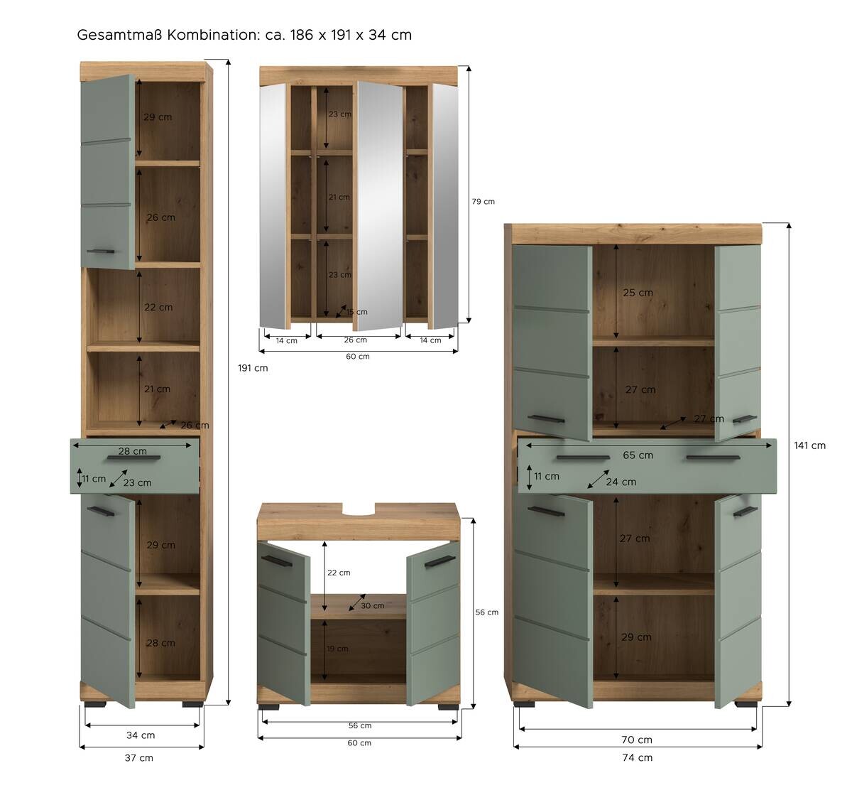 Badezimmer-Set Scout Eiche Artisan Nachbildung salbei Nachbildung B/H/T: ca. 186x191x34 cm