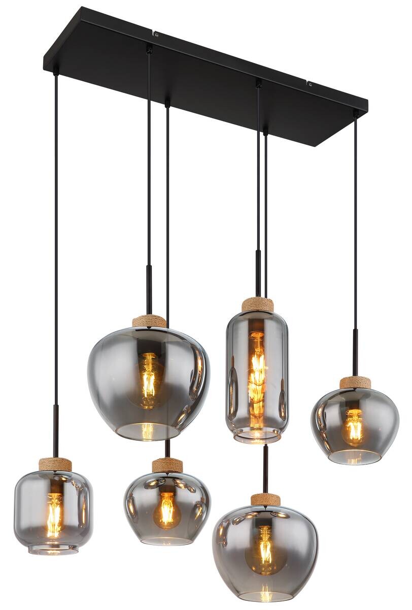 GLOBO Pendelleuchte natur schwarz Metall Hanfseil B/H/T: ca. 40x120x80 cm E27 6 Brennstellen