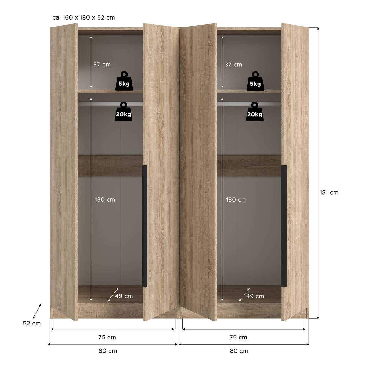 Kleiderschrank KOPENHAGEN Eiche Sonoma Nachbildung B/H/T: ca. 160x181x52 cm