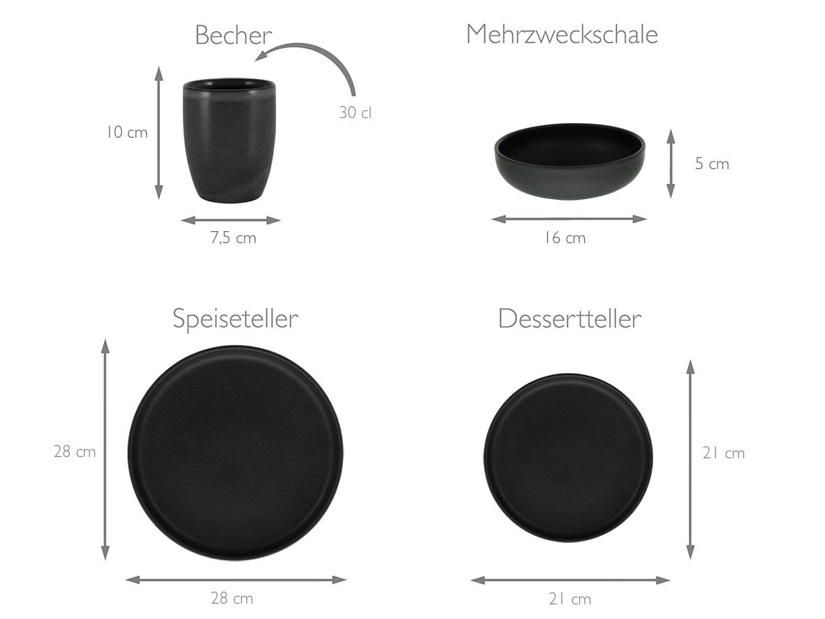 CreaTable Kombiservice Uno BLACK schwarz Steinzeug 16 tlg.