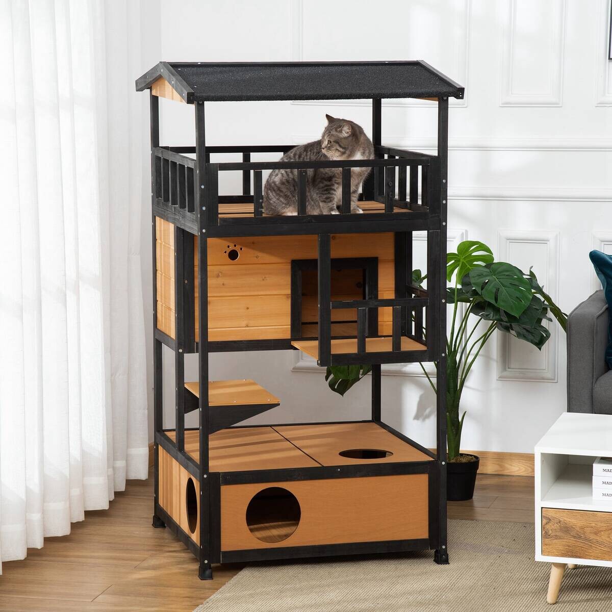 PawHut Katzenhaus schwarz Holz B/H/L: ca. 75x137x75,5 cm