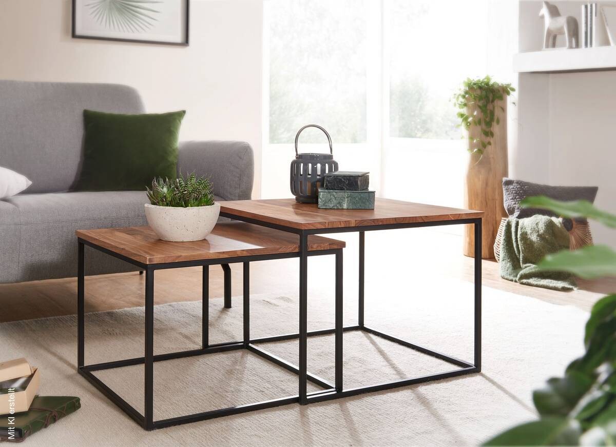 Couchtisch 2er-Set. natur schwarz pulverbeschichtet