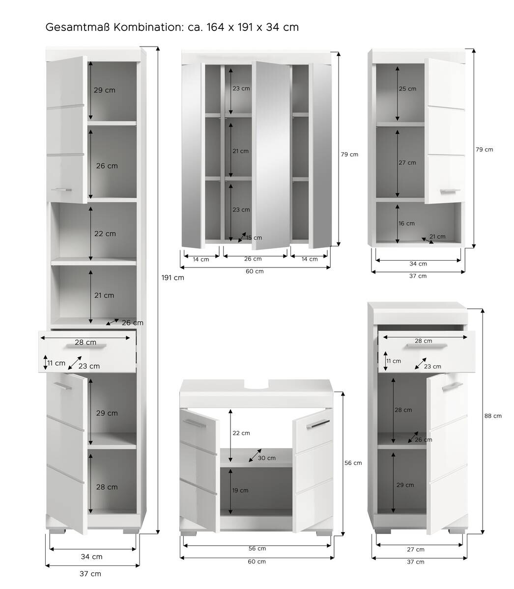 Badezimmer-Set Scout weiß weiß Hochglanz B/H/T: ca. 164x191x34 cm