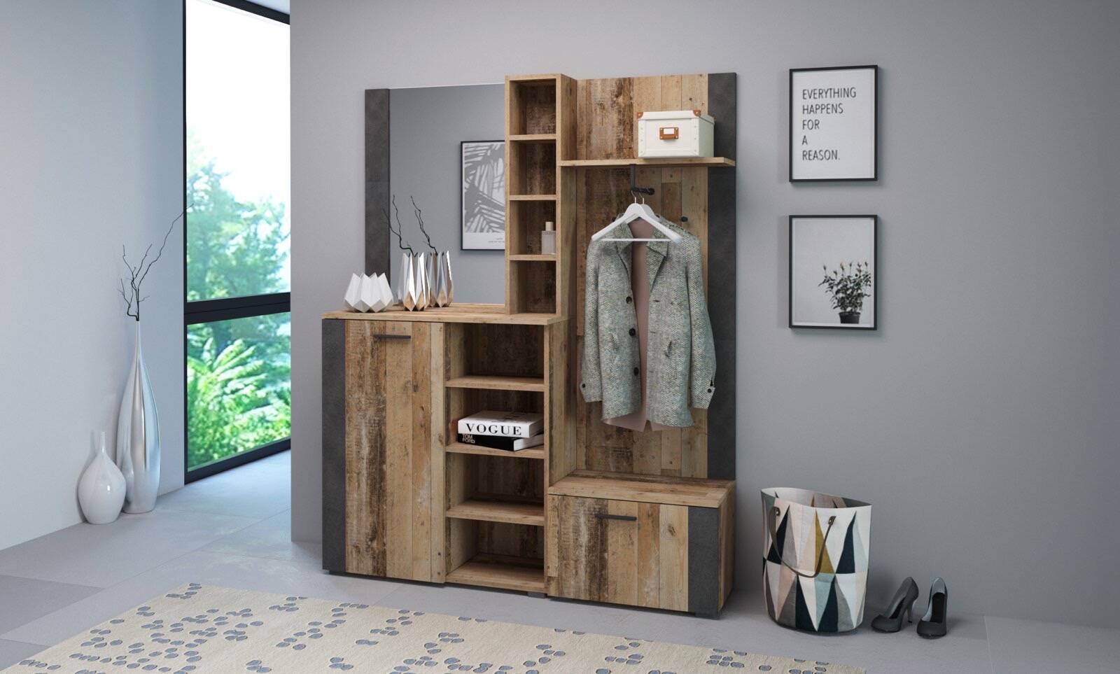 Garderobe BARRY Eiche Old Wood Nachbildung anthrazit B/H/T: ca. 150x190x32 cm