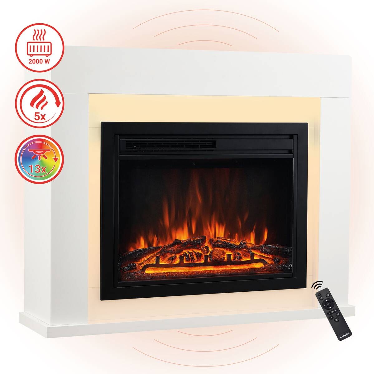 KAMINIO Elektrischer-Kamin MATTI weiß MDF Metall Glas B/H/T: ca. 95x77x26 cm ca. 2000 W