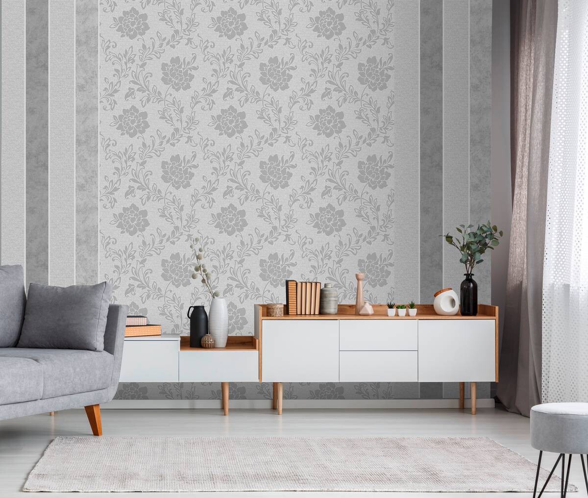 Vinyltapete Blumenranke grau dunkelgrau B/L: ca. 53x1005 cm