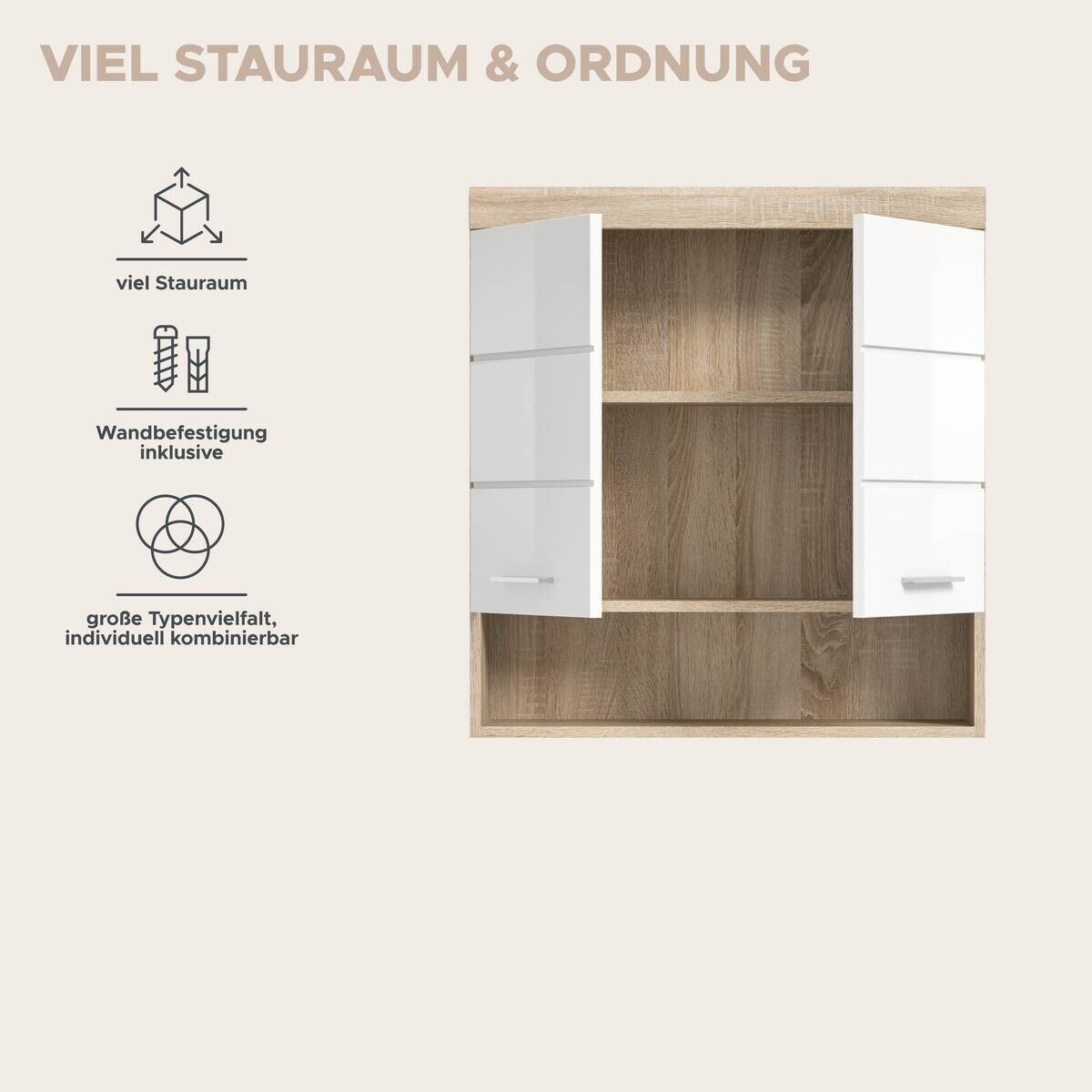 Badhängeschrank Lambada Eiche Sonoma Nachbildung weiß Hochglanz B/H/T: ca. 74x79x24 cm