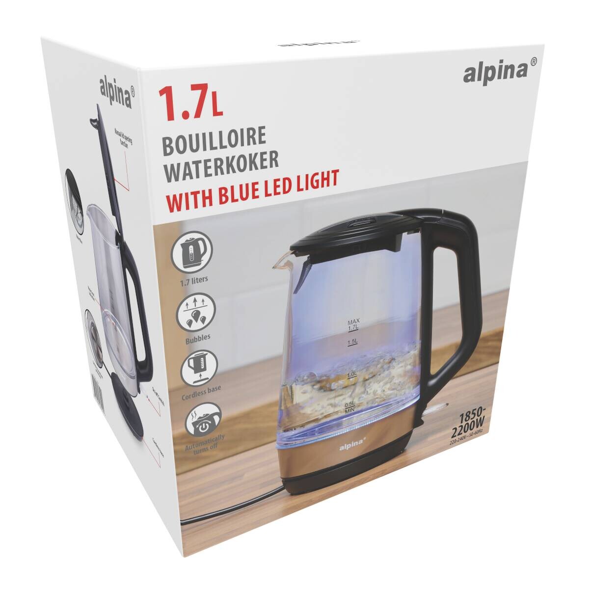 alpina Glaswasserkocher schwarz Glas Edelstahl ca. 1,7 l