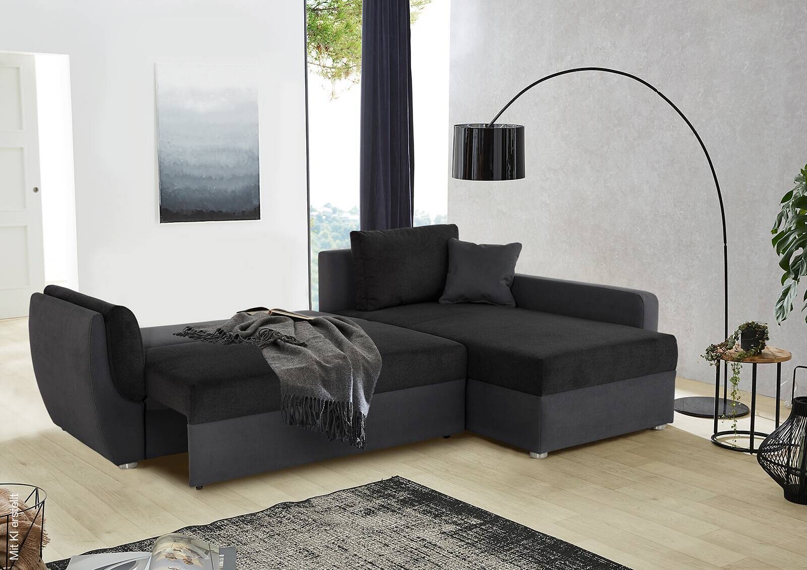 Ecksofa mit Bettfunktion und Bettkasten schwarz Polyester B/H/T: ca. 247x82x178 cm