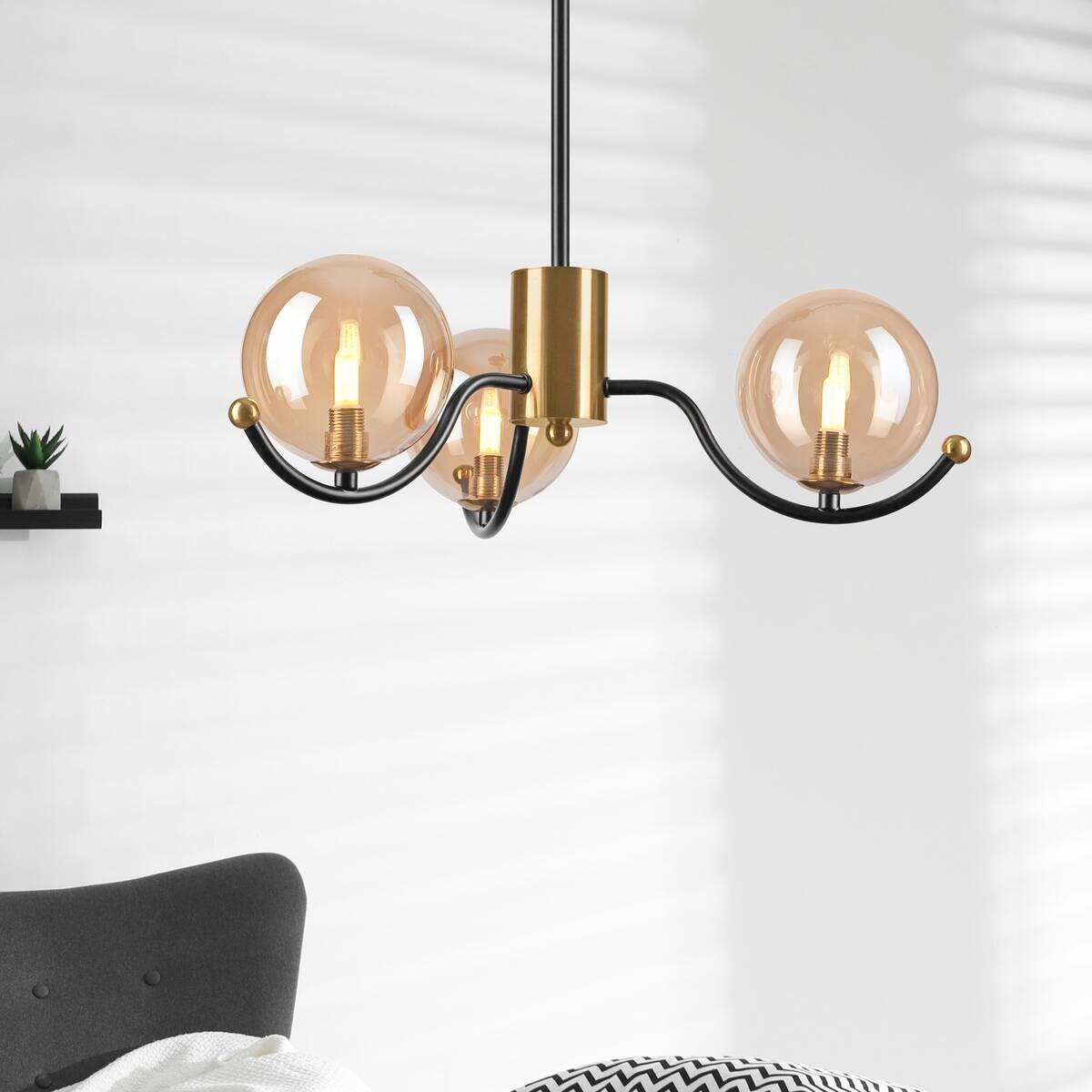 Lamkur Pendelleuchte GEORGIA 49274 schwarz gold Stahl Glas H/L: ca. 48,5x48 cm E27 3 Brennstellen