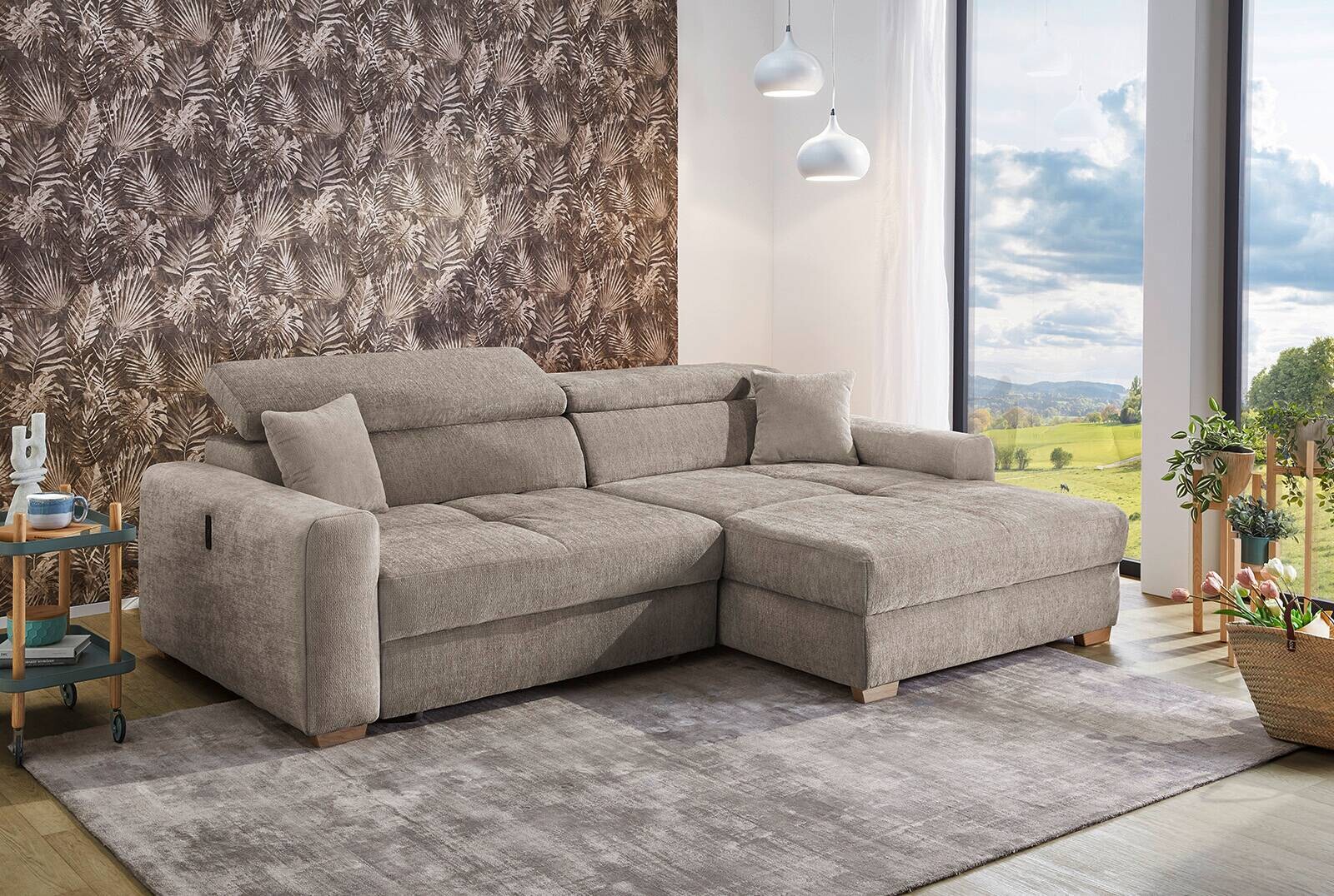 Ecksofa mit elektrischer XXL Sitztiefenverstellung taupe Flachgewebe B/H/T: ca. 277x109x187 cm