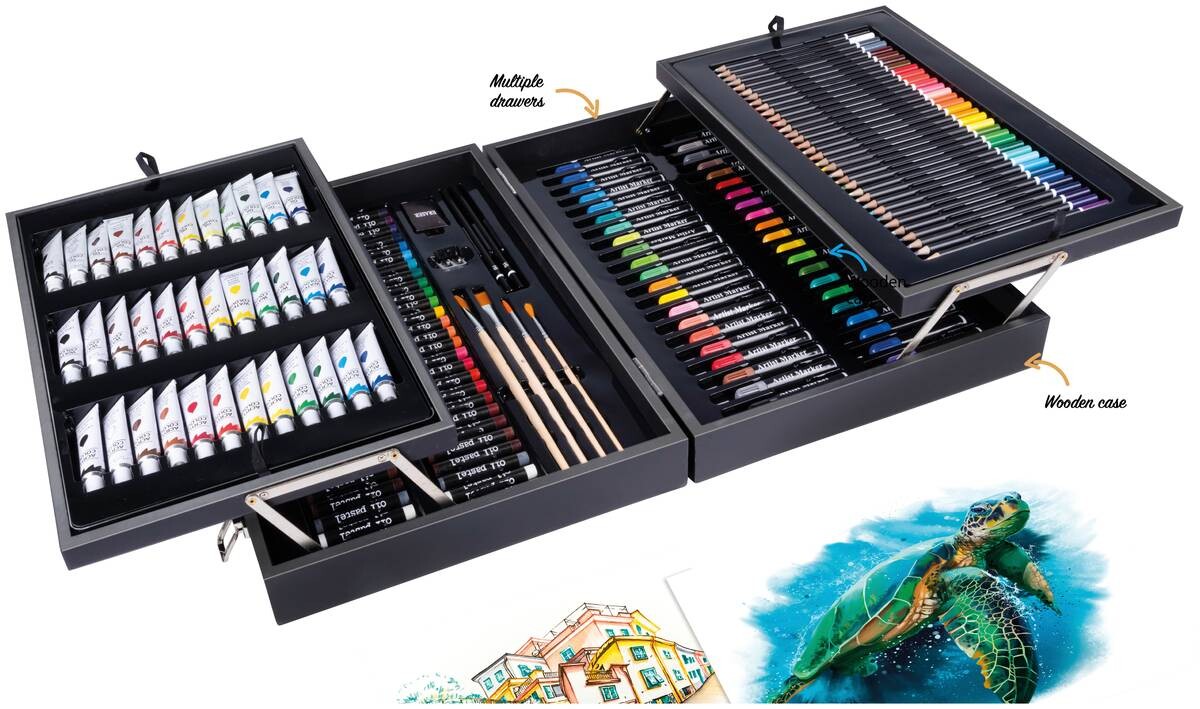 Kunst-/Malkasten 174tlg. schwarz Holz B/H/T: ca. 46,5x34,5x11,5 cm