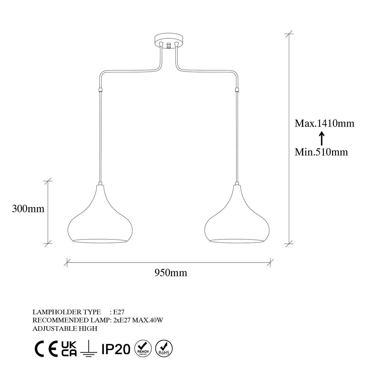 Opviq Pendelleuchte Muba-11551 Metall B/H/T/L: ca. 95x141x26x95 cm E27 2 Brennstellen