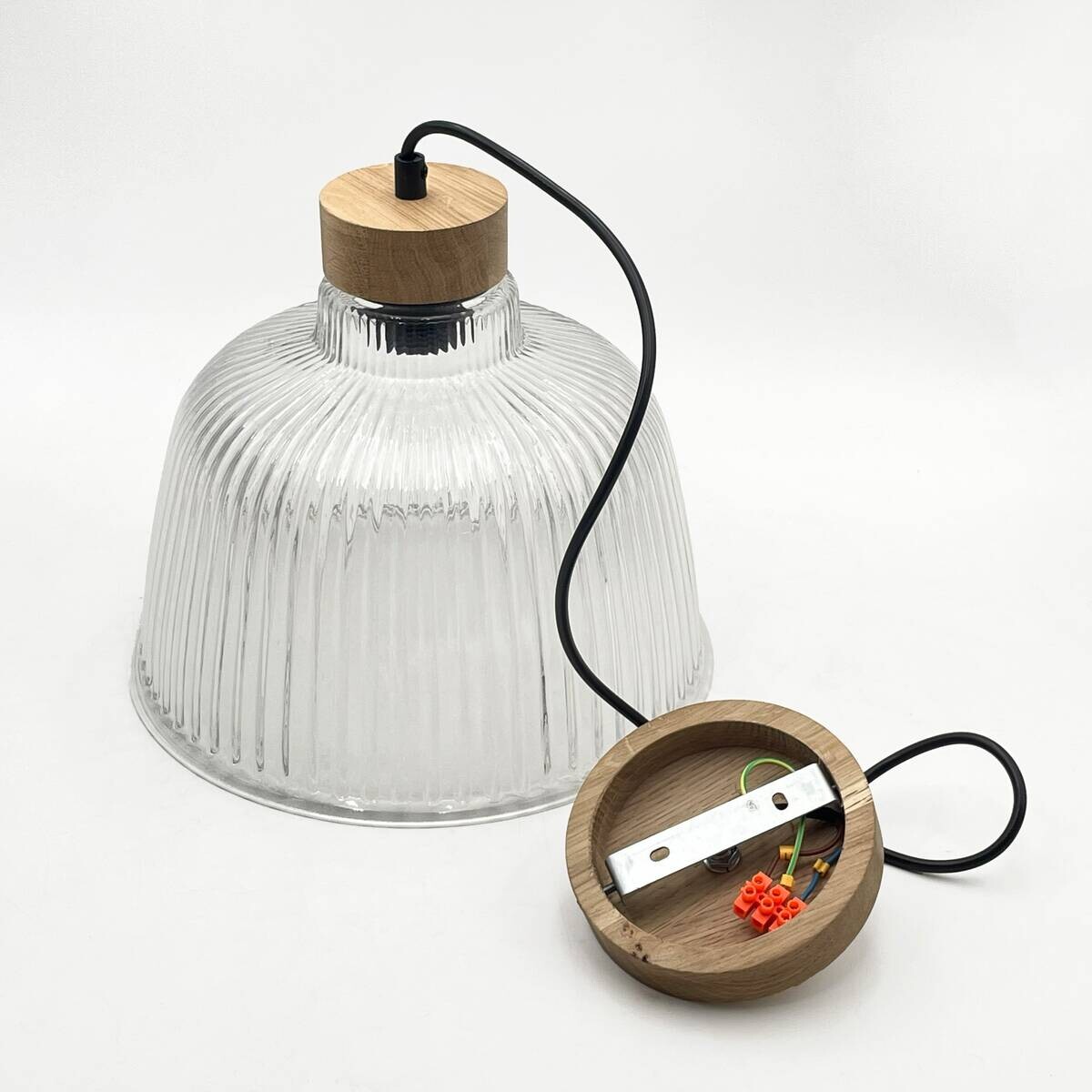 Lamkur Pendelleuchte Eiche Glas B/H/L: ca. 28x120x28 cm E27 1 Brennstellen