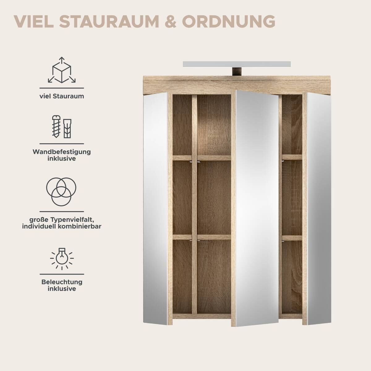 Spiegelschrank Lambada Eiche Sonoma Nachbildung weiß Hochglanz B/H/T: ca. 60x79x37 cm