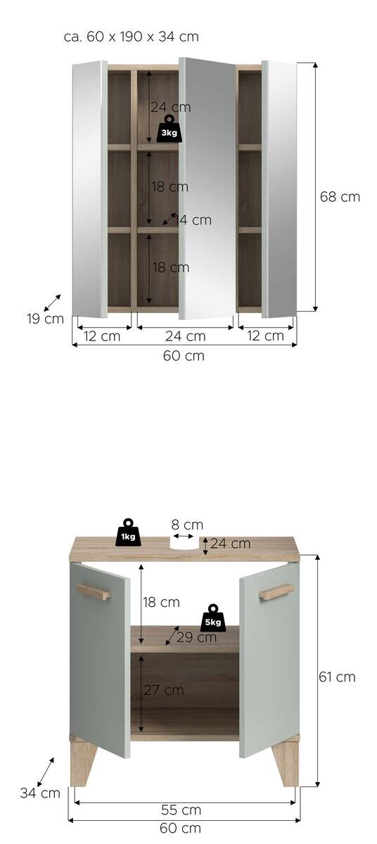 Badezimmer-Set STAR hellgrün Eiche hell Nachbildung B/H/T: ca. 60x190x34 cm
