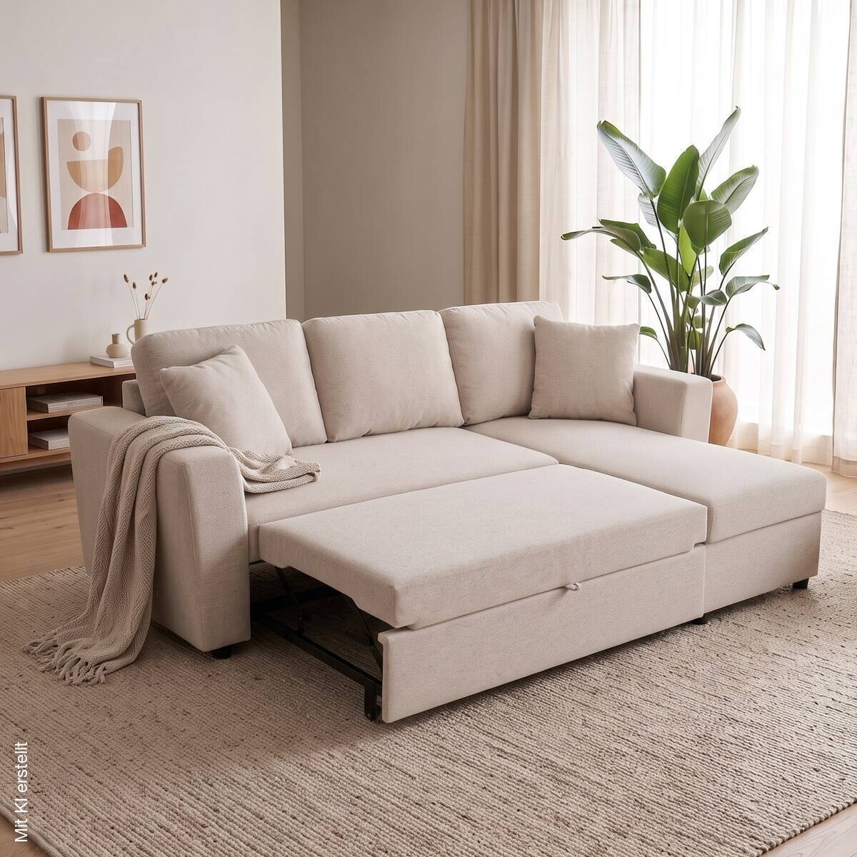 Ecksofa mit Bettfunktion und Bettkasten beige Webstoff B/H/T: ca. 234x86x144 cm