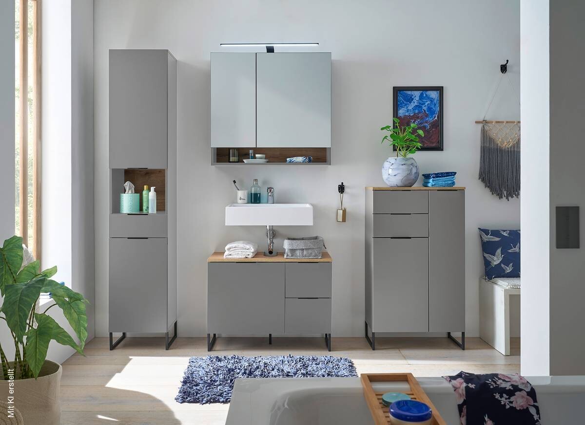 Spiegelschrank Denver grau matt Eiche Evoke Coast Nachbildung B/H/T: ca. 80x75x22 cm