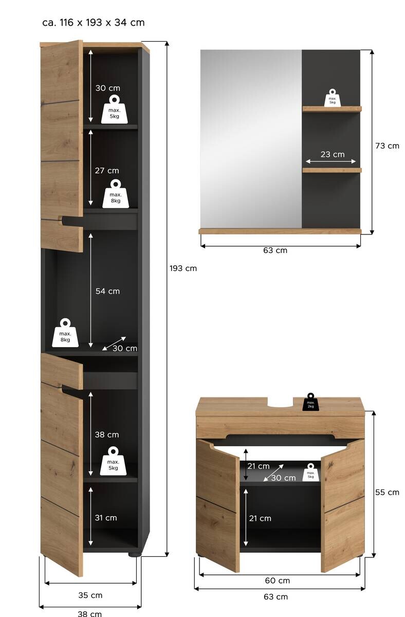 Badezimmer-Set Canu Basalt Eiche Artisan Nachbildung B/H/T: ca. 116x193x34 cm