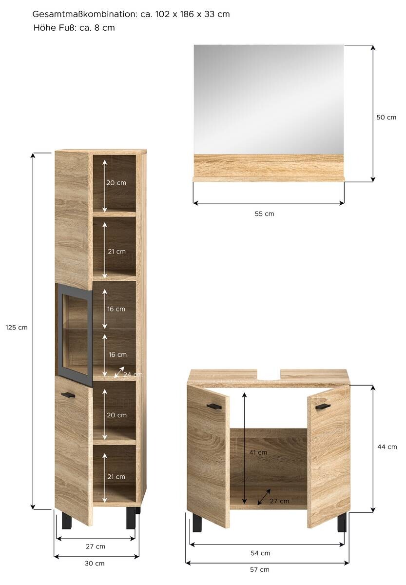 Badezimmer-Set BOSTON Eiche Sonoma Nachbildung schwarz B/H/T: ca. 102x186x33 cm
