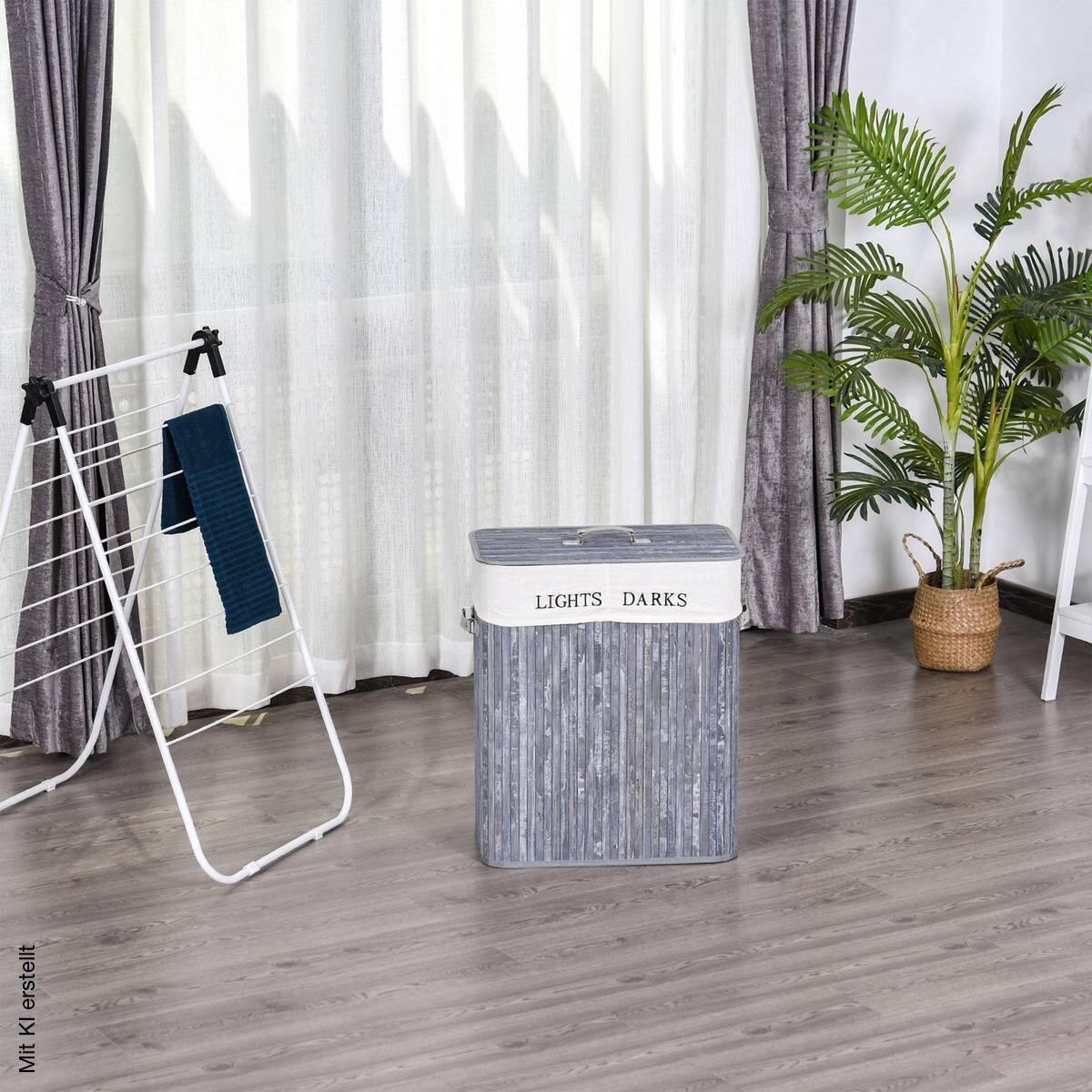 HOMCOM Wäschekorb mit 2 Tragegriffen grau Bambus Kunststoff B/H/L: ca. 32x63x52 cm