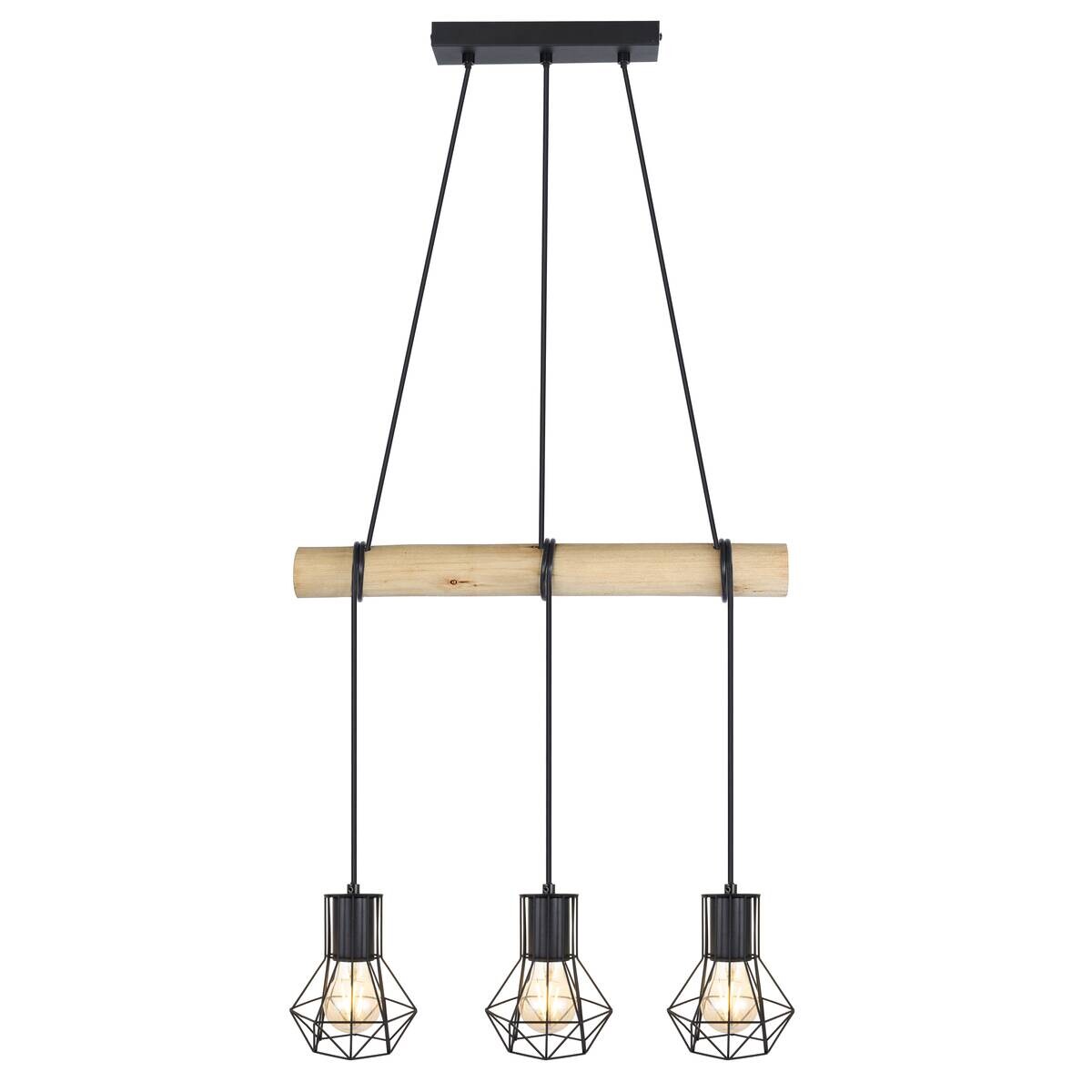 POCOline Pendelleuchte Minetta schwarz natur Metall Holz B/H/T: ca. 50x140x13 cm E27 3 Brennstellen