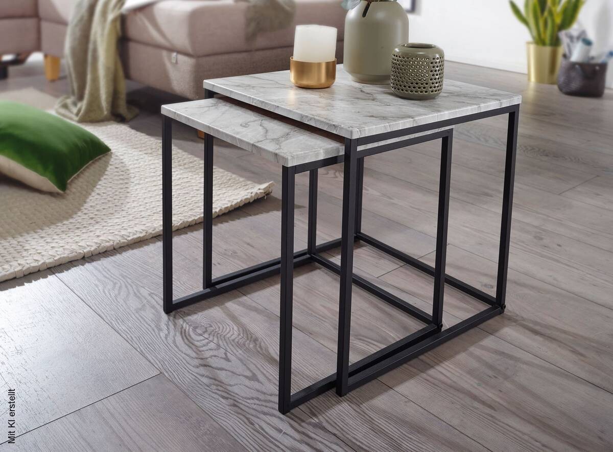 Beistelltisch 2er-Set. weiß Marmor Optik schwarz pulverbeschichtet MDF Stahl