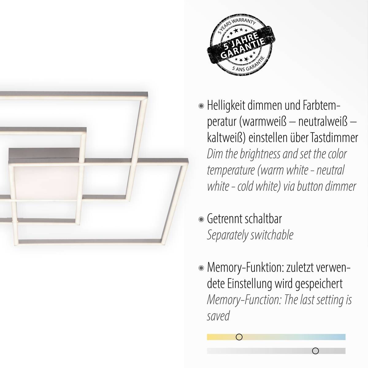 Just Light LED-Deckenleuchte AMIN 14713-55 stahlfarbig Edelstahl Kunststoff Aluminium B/H/T: ca. 75x6x75 cm 4 Brennstellen