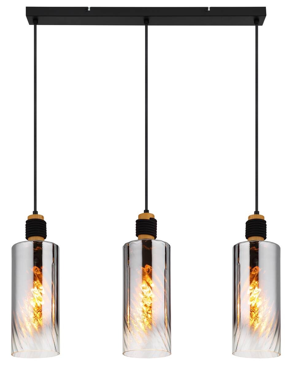 GLOBO Pendelleuchte mattschwarz Rauch braun Glas Holz Metall B/H/T/L: ca. 12x150x68x68 cm E27 3 Brennstellen