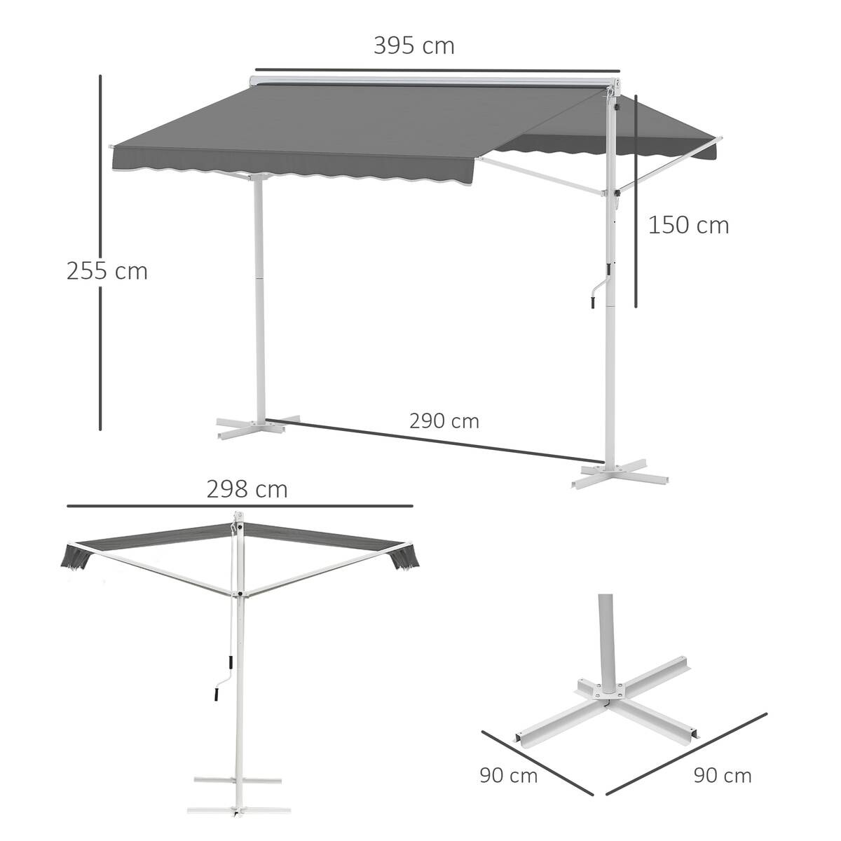 Outsunny Standmarkise mit Faltarm grau Metall B/H/L: ca. 298x255x395 cm
