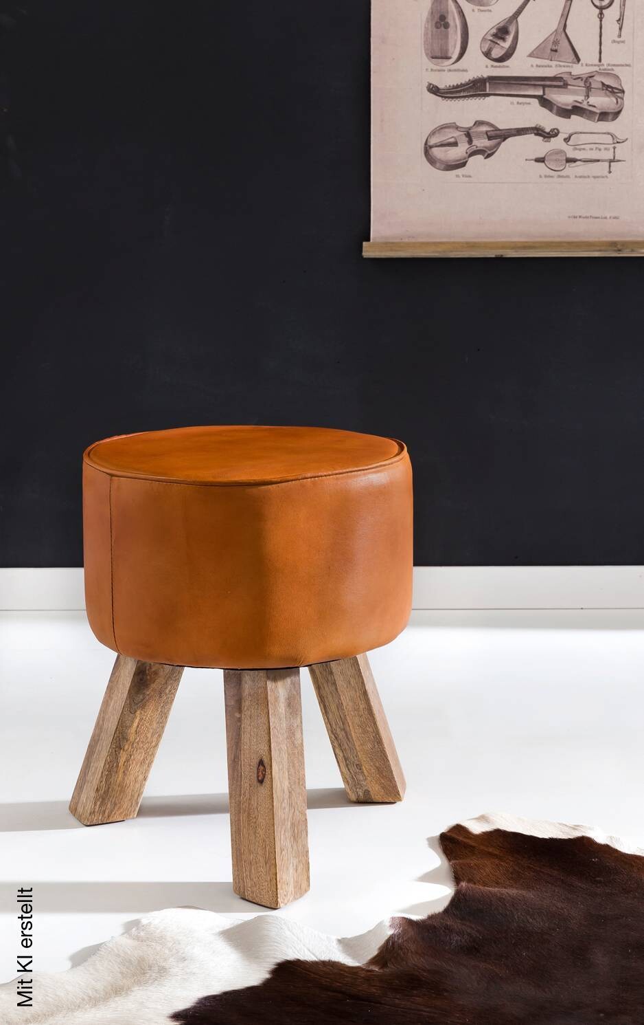 Wohnling Sitzhocker braun natur Leder Echtholz B/H/T: ca. 37x45x37 cm