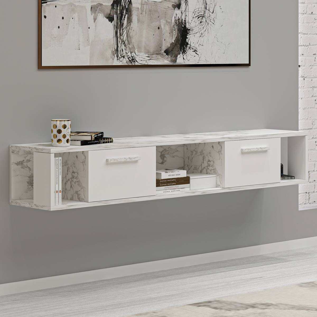 TV-Lowboard Aldora weiß Marmoroptik B/H/T: ca. 160x30x30 cm