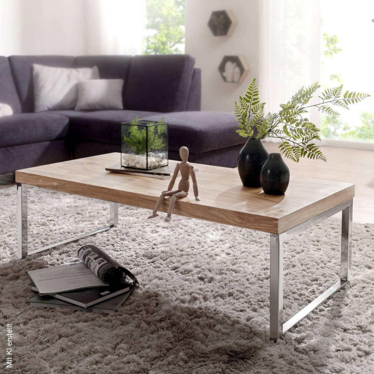 Wohnling Couchtisch natur Chrom Akazie Metall B/H/T: ca. 120x40x60 cm