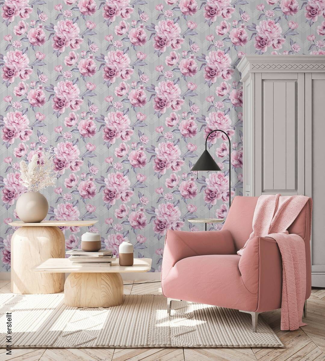 UGEPA Papiertapete Blumen grau rosa weiß B/L: ca. 53x1005 cm glitzernd