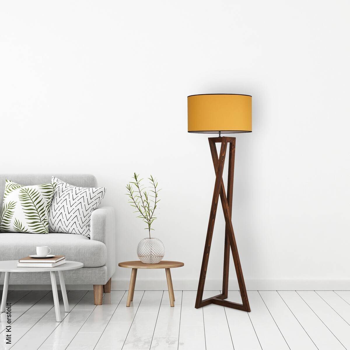 Stehleuchte senf nussbaum Stoff B/H/L/D: ca. 45x150x45x45 cm E27 1 Brennstellen